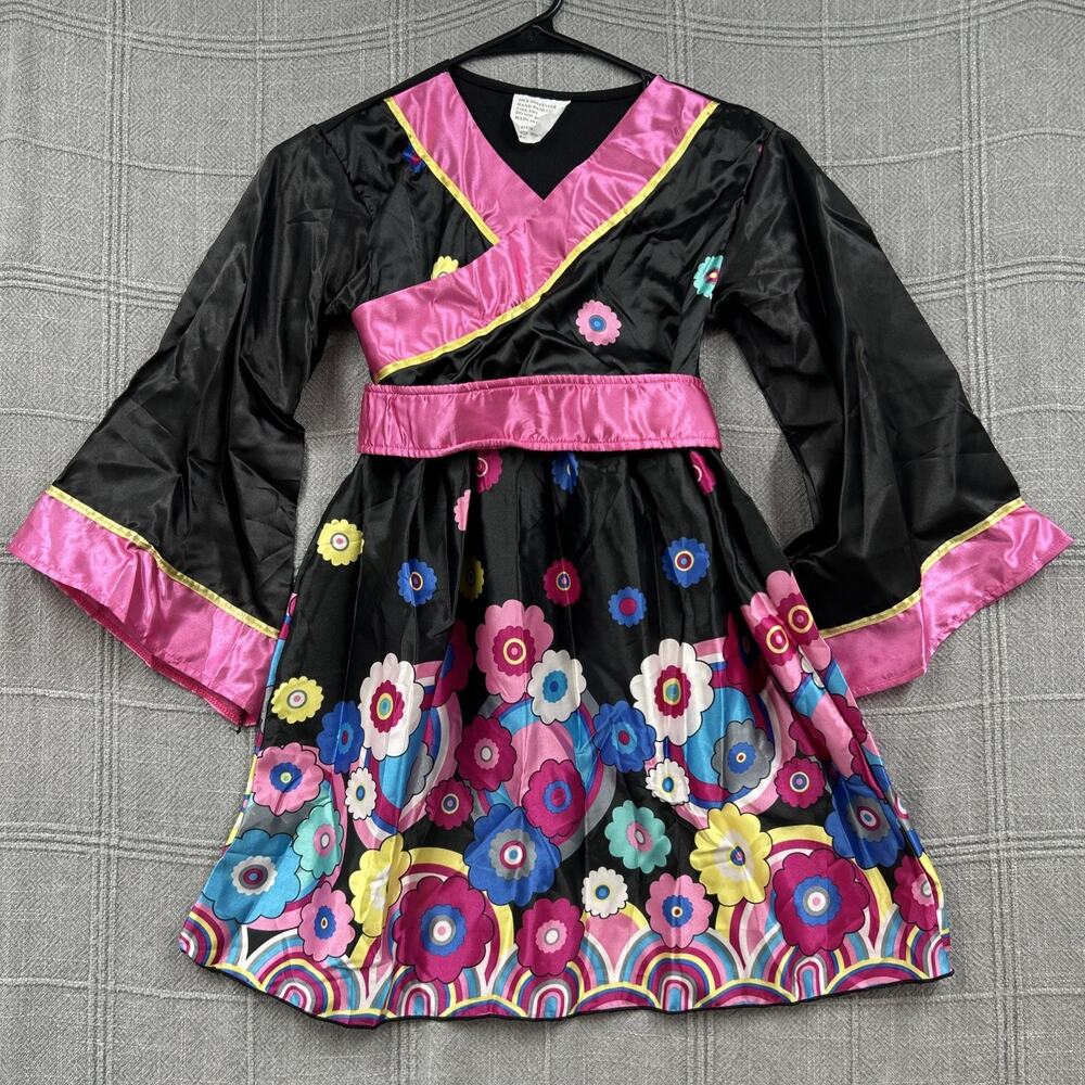 Spirit Halloween GEISHA Costume Girls Medium 7-10 Black Pink Silky Dress Up Play